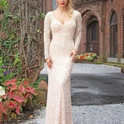 Discontinued Long Sleeve Dresses Primavera Couture 3173 Evening Gown Pewter Long Sleeve Fitted Formal Dress