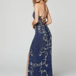 In Stock Primavera Couture 3438 Size 2 Midnight Blue High Neck Open Back Beaded Prom Dress
