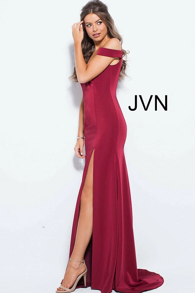 In Stock Jovani JVN 57297 Size 10 Off The Shoulder Prom Dress Burgundy Slit Evening Gown 4 In Stock Jovani JVN 57297 Size 10 Off The Shoulder Prom Dress Burgundy Slit Evening Gown