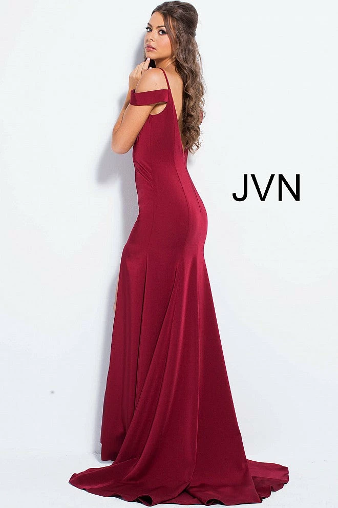 In Stock Jovani JVN 57297 Size 10 Off The Shoulder Prom Dress Burgundy Slit Evening Gown 6 In Stock Jovani JVN 57297 Size 10 Off The Shoulder Prom Dress Burgundy Slit Evening Gown