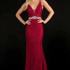 Nina Canacci 2295 Plunging Neckline Lace Prom Dress Embellished Belt