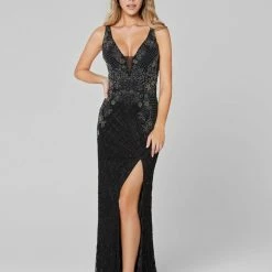 In Stock Primavera Couture 3466 Size 4 Beaded Floral Fitted V Neck Prom Dress Slit