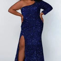 In Stock Sydney's Closet SC7319 Size 28 One Long Sleeve Prom Dress Fitted Plus Sized With Slit SC 7319 Long Sleeve Dresses