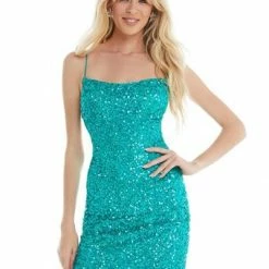 Ashleylauren Sequin Dresses Ashley Lauren 4395 AB Ivory Cocktail Dress Sequins With Lace Up Back Homecoming Dress