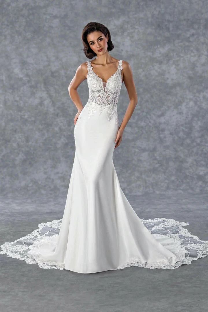 In Stock Stella Couture 21073 Size 8 Long Sheer V Neck Lace Wedding Dress Reception Gown Train 4 In Stock Stella Couture 21073 Size 8 Long Sheer V Neck Lace Wedding Dress Reception Gown Train