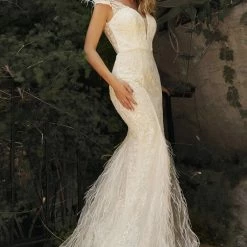 In Stock CD 57W Size 8 Feather Embellished Glitter Mermaid Wedding Dress Bridal Gown V Neck Sheer Mermaid Dresses