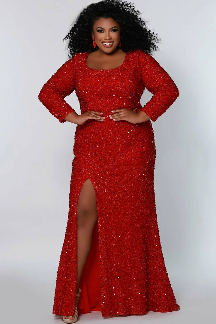 Sydney's Closet SC7320 Fitted Plus Sized Prom Dress Long Sleeves Scoop Neckline With Slit SC 7320 Long Sleeve Dresses 7 Sydney's Closet SC7320 Fitted Plus Sized Prom Dress Long Sleeves Scoop Neckline With Slit SC 7320 Long Sleeve Dresses