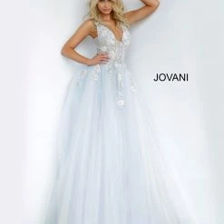 Jovani 11092 Long Sheer A Line Ballgown Formal Dress Floral Applique Romantic Ballgown Dresses