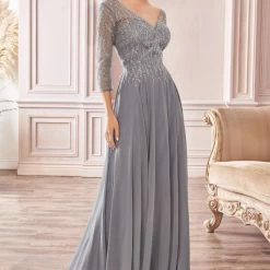 In Stock CD 0171 Size 16 Long Chiffon A Line Mother Of Evening Dress Sheer Long Sleeve Beaded V Neck Gown