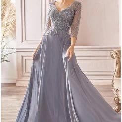 In Stock CD 0171 Size 16 Long Chiffon A Line Mother Of Evening Dress Sheer Long Sleeve Beaded V Neck Gown