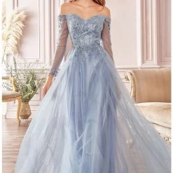 In Stock CD 0172 Size 12 Long Shimmer A Line Mother Of Sheer Long Sleeve Dress Off The Shoulder
