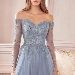In Stock CD 0172 Size 12 Long Shimmer A Line Mother Of Sheer Long Sleeve Dress Off The Shoulder