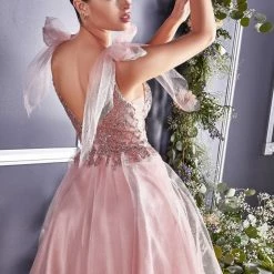 In Stock CD 0174 Size 10 Short Fit & Flare Sheer Beaded Formal Cocktail Dress Bow Strap Gown