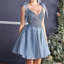 In Stock CD 0174 Size 10 Short Fit & Flare Sheer Beaded Formal Cocktail Dress Bow Strap Gown