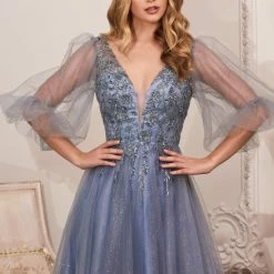 In Stock CD 0182 Size 18 A Line Shimmer Long Sheer Puff Sleeve Mother Of Dress Formal Evening Gown Long Sleeve Dresses