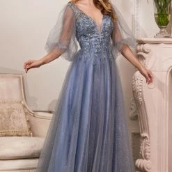 In Stock CD 0182 Size 18 A Line Shimmer Long Sheer Puff Sleeve Mother Of Dress Formal Evening Gown Long Sleeve Dresses