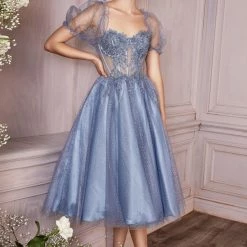 In Stock CD 0187 SZ 4 Short Tea Length Glitter Sheer Corset Puff Sleeve Formal Dress Cocktail Gown