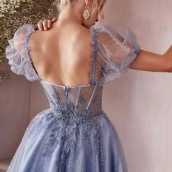 In Stock CD 0187 SZ 4 Short Tea Length Glitter Sheer Corset Puff Sleeve Formal Dress Cocktail Gown