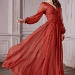 In Stock CD 0192 Size 8, 12 Long A Line Chiffon Long Sleeve Mother Of Dress Wedding Guest Gown