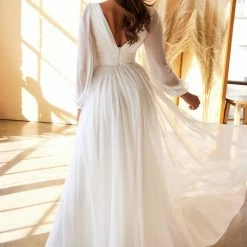 In Stock Long Sleeve Dresses CD 192 Size 14 Long Sleeve Chiffon A Line Destination Maternity Wedding Dress Bridal Gown