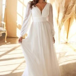 In Stock Long Sleeve Dresses CD 192 Size 14 Long Sleeve Chiffon A Line Destination Maternity Wedding Dress Bridal Gown