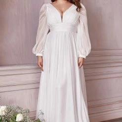 In Stock Long Sleeve Dresses CD 192 Size 14 Long Sleeve Chiffon A Line Destination Maternity Wedding Dress Bridal Gown