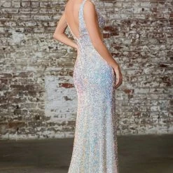 In Stock CD 187 Size 6, 8 Long Fitted Sequin Prom Dress Slit Formal Gown V Neck Pageant Couture
