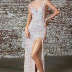 In Stock CD 187 Size 6, 8 Long Fitted Sequin Prom Dress Slit Formal Gown V Neck Pageant Couture