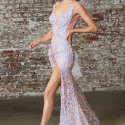 In Stock CD 187 Size 6, 8 Long Fitted Sequin Prom Dress Slit Formal Gown V Neck Pageant Couture