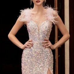 In Stock CD 248 Size 6 Long Feather Sleeve Fitted Sequin Formal Prom Dress Slit Pageant Gown