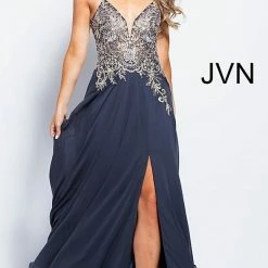In Stock Jovani JVN 55885 Navy Size 6 V Neckline Flow Prom Dress Pageant Gown With Slit Ballgown Dresses