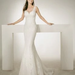 White One Bridal CHRIS Long Fitted Mermaid Lace Wedding Dress Sheer Strap Gown