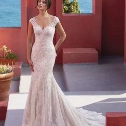 In Stock White One CICELY Size 12 Lace Mermaid Wedding Dress Fit & Flare Bridal V Neck