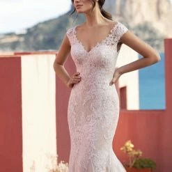 In Stock White One CICELY Size 12 Lace Mermaid Wedding Dress Fit & Flare Bridal V Neck