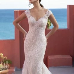 In Stock White One CICELY Size 12 Lace Mermaid Wedding Dress Fit & Flare Bridal V Neck