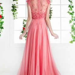 In Stock CD 218 Size 4 Long A Line Chiffon Sheer 3d Flower Formal Dress Cap Sleeve Evening Gown Backless Dresses