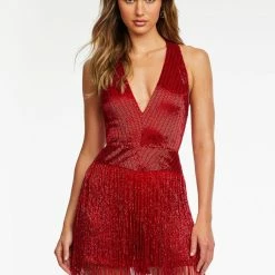 Ashleylauren Ashley Lauren 4488 Halter Liquid Beaded Romper With Fringe