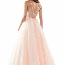 Colors Dress 2619 Prom Dress Embroidered Sheer Bodice With Heat Stones And A Line Tulle Skirt With Plunged Neck Line Ballgown Dresses 8 Colors Dress 2619 Prom Dress Embroidered Sheer Bodice With Heat Stones And A Line Tulle Skirt With Plunged Neck Line Ballgown Dresses