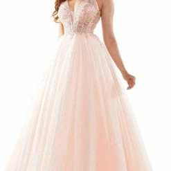 Colors Dress 2619 Prom Dress Embroidered Sheer Bodice With Heat Stones And A Line Tulle Skirt With Plunged Neck Line Ballgown Dresses