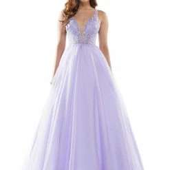 Colors Dress 2619 Prom Dress Embroidered Sheer Bodice With Heat Stones And A Line Tulle Skirt With Plunged Neck Line Ballgown Dresses