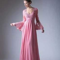 In Stock CD 774 Size 10 A Line Chiffon Sheer Lace Long Bell Sleeve Mother Of Dress Formal Gown