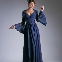 In Stock CD 774 Size 10 A Line Chiffon Sheer Lace Long Bell Sleeve Mother Of Dress Formal Gown