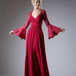 In Stock CD 774 Size 10 A Line Chiffon Sheer Lace Long Bell Sleeve Mother Of Dress Formal Gown