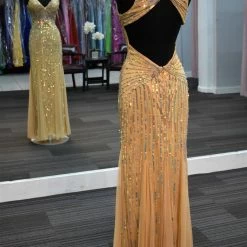In Stock CLEARANCE Primavera Couture 9874 V Neckline Long Sequin Dress In Nude Size 8 Prom Pageant