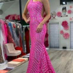 In Stock Jovani 06017 Size 0, 2, 4, 8, 10 Long Mermaid Prom Pageant Gown Sequin One Shoulder Formal Sheer Mermaid Dresses