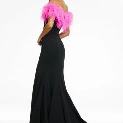 In Stock Ashley Lauren 11099 Size 4 Hot Pink Prom Dress Off The Shoulder Feathers Train Left Leg Slit