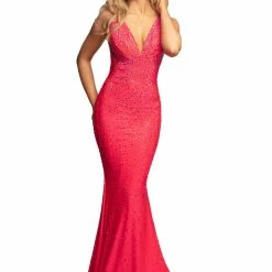In Stock Mermaid Dresses Johnathan Kayne 9213 Size 2 Coral Crystal Embellished Long Fitted Prom Dress Evening Gown