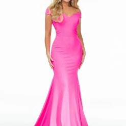 Ashleylauren Ashley Lauren 11025 Off Shoulder Scuba Prom Dress With Crisscross Back