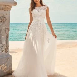 White One Bridal DAILA Pronovias Wedding Dress Lace Mermaid Sheer Cap Sleeves Gown