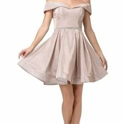 In Stock Dancing Queen 7413 Size 4 (xs) Rose Gold Short Cocktail Dress Off The Shoulder Shimmer
